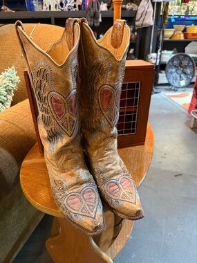 Corral Tan Leather Western Heeled Boots with Red Heart & Blue Wing Embroidery